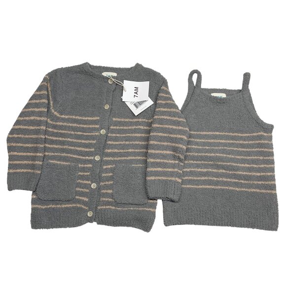 NEW 7AM Enfant Camisole + Cardigan Toddler 18-24 mos Gris & Pecan Striped Button - Picture 1 of 6